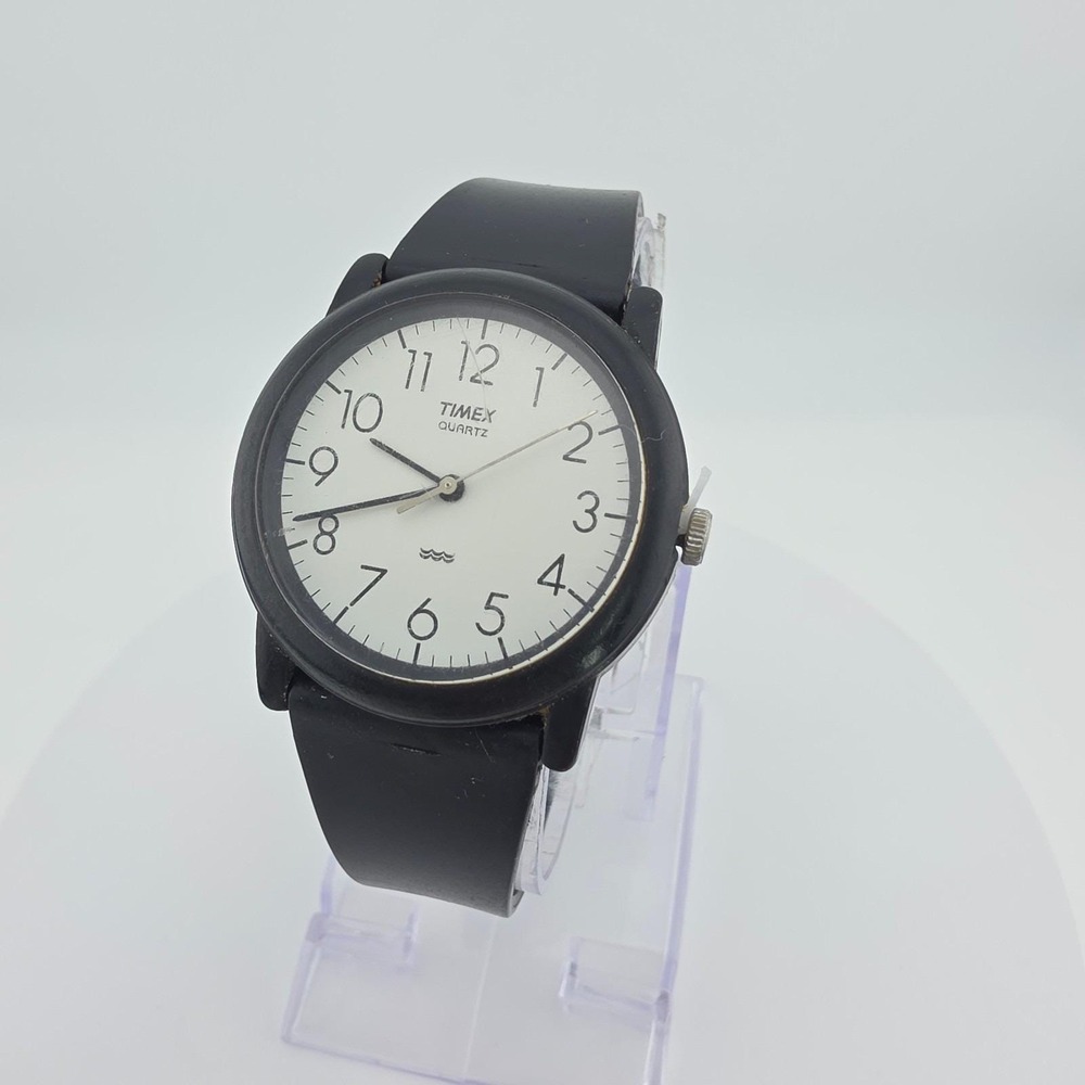 Vtg TIMEX Watch Minimalist White Dial Arabic Numeral Black Resin Band 8"